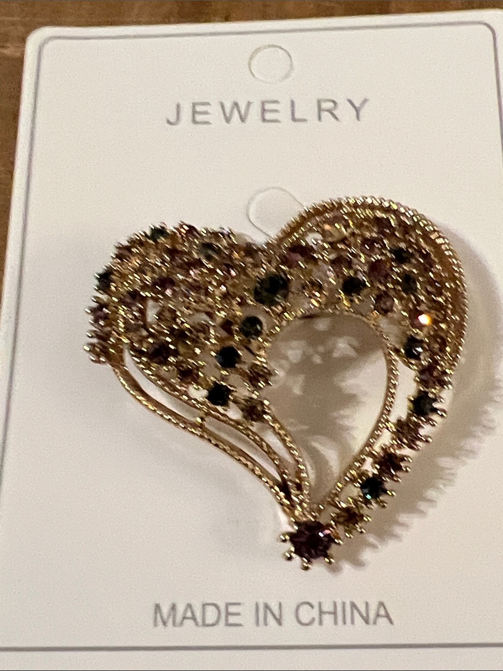 3/$18 Gold Heart Crystal Brooch - Lot 416